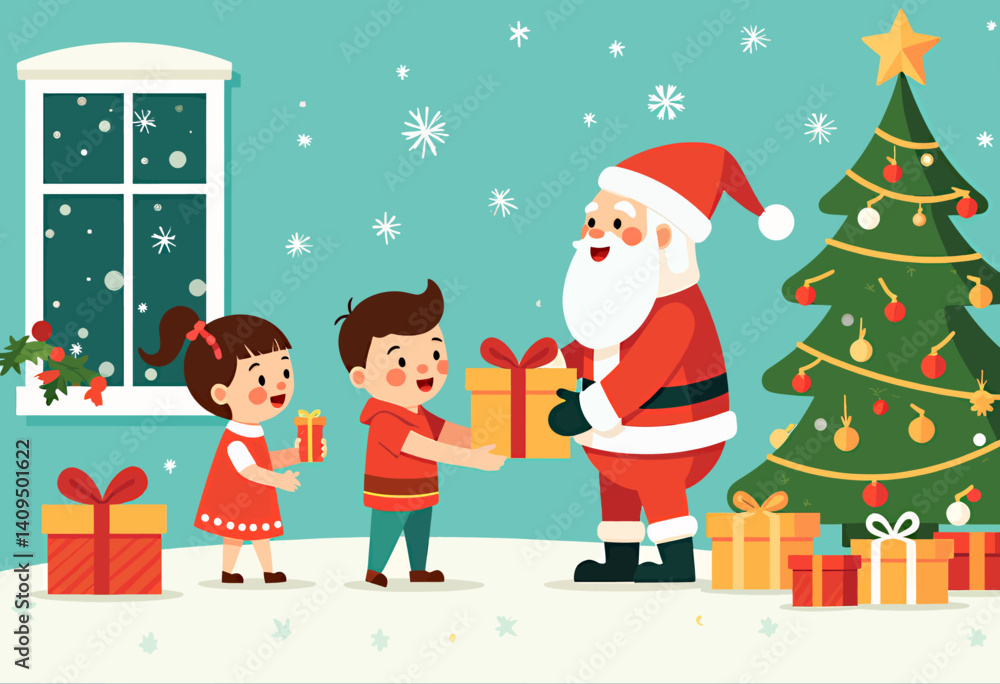 Fototapeta premium Cartoon Santa Giving Gifts to Children by Christmas Tree