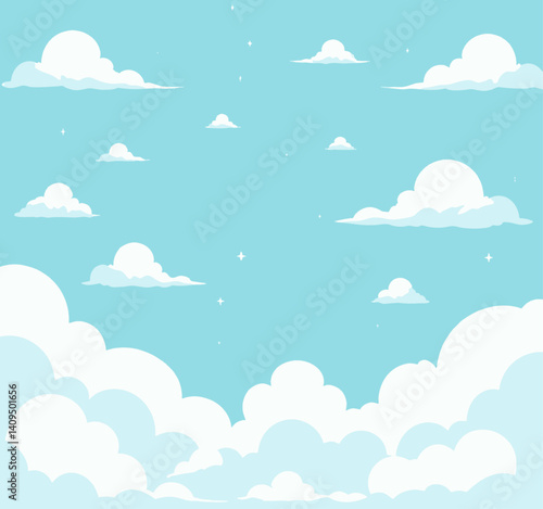Cartoon sky with fluffy clouds and stars