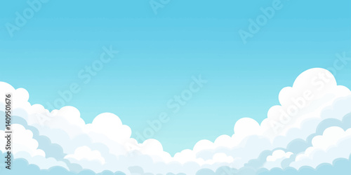 Cartoon sky with fluffy white clouds and blue gradient