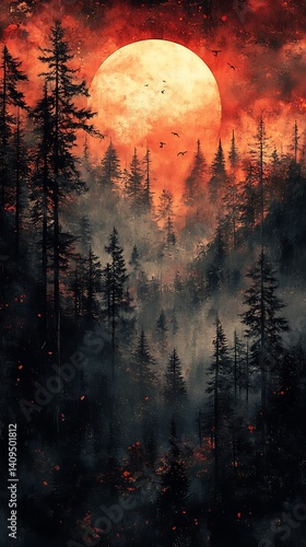 Haunting Forest Silhouette Mobile Wallpaper with Red and Orange Full Moon in Misty Shadows

