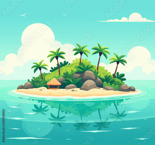 Cartoon tropical island with palm trees and beach hut reflection