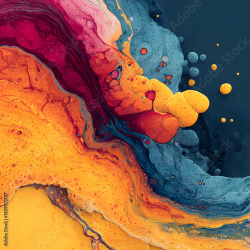 A vibrant abstract artwork featuring swirling patterns of yellow red and blue with bubble like formations