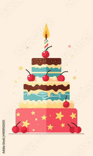 Colorful Tiered Birthday Cake with Candle and Cherries