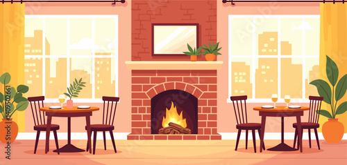Cozy Restaurant Interior with Brick Fireplace and City View