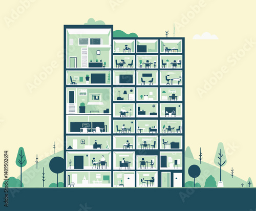 Cross-section of a Green Office Building with People Inside