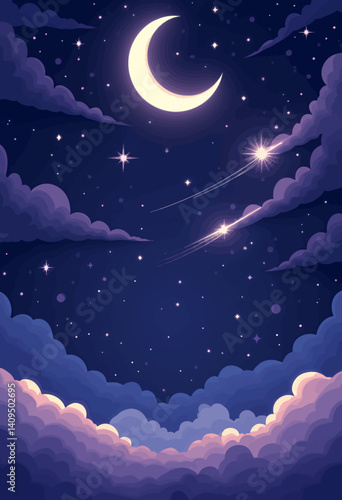 Crescent Moon and Shooting Stars in a Cloudy Night Sky