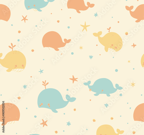 Cute pastel whale and starfish seamless pattern