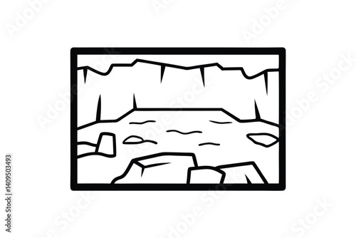 Monochrome Illustration Of A Cave Interior With Water And Rock Formations In A Black Outlined Frame