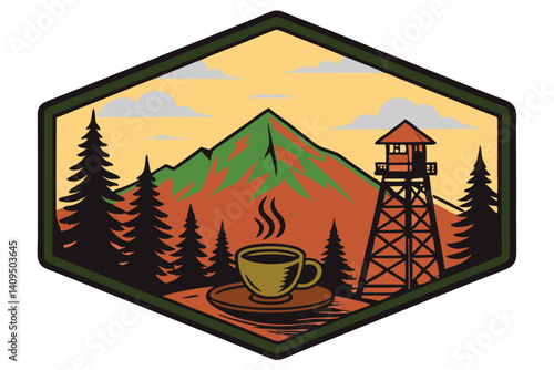 Vector illustration of a mountain home icon, a travel design silhouette amidst a nature landscape