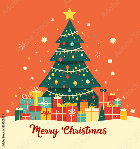 Festive Christmas Tree with Gifts on Orange Background