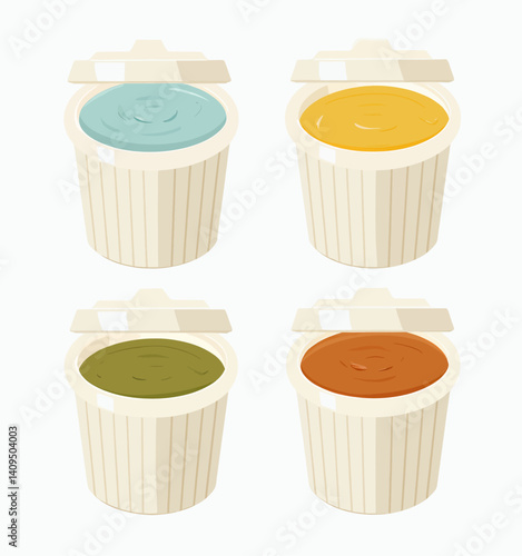 Four colorful sauces in takeaway containers illustration