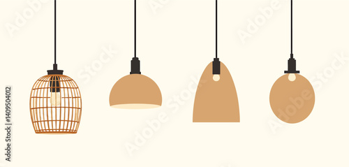 Four pendant lights with tan shades and black fixtures