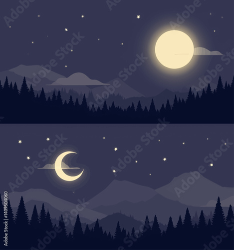 Full Moon and Crescent Moon Forest Night Scenery