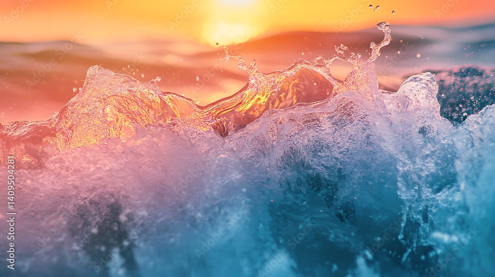 Vibrant Ocean Wave Crashing Under Sunset Sky Capturing Water Movement Details