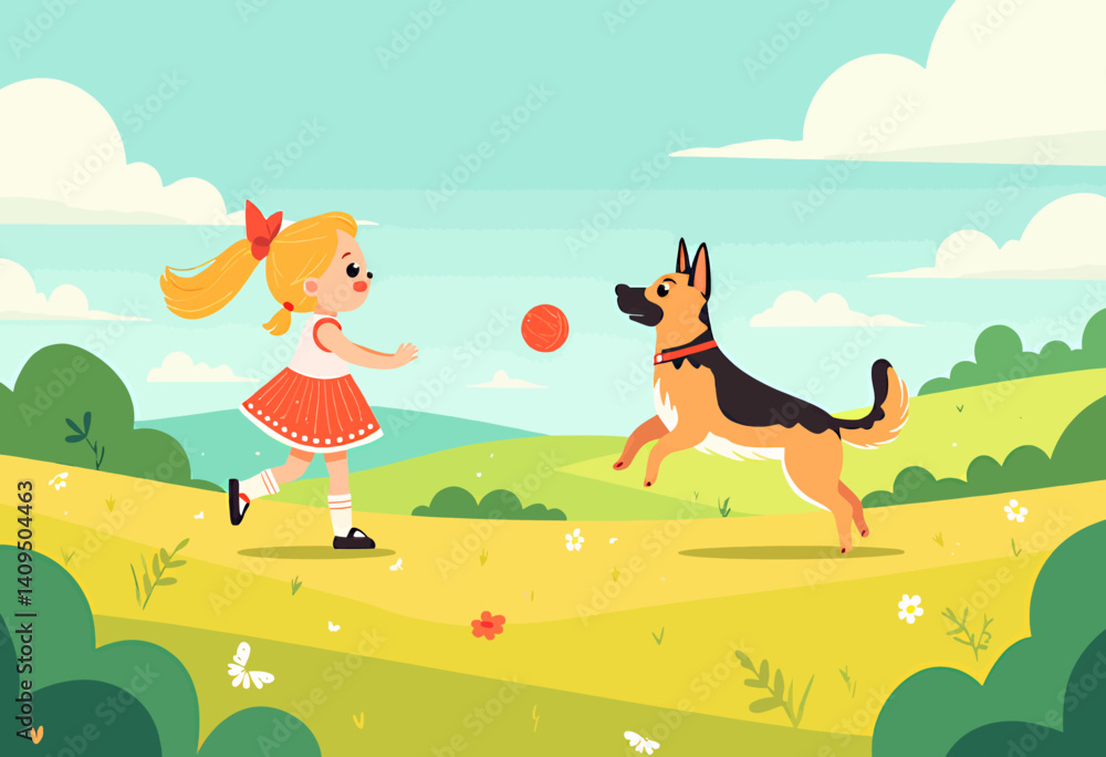 Fototapeta premium Girl playing ball with a German Shepherd outdoors