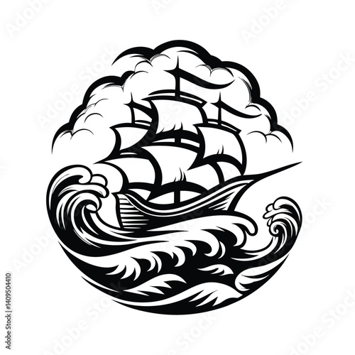 Silhouette of Sailing Ship amidst Turbulent Ocean Waves and Stormy Clouds Design