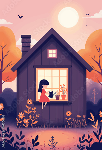 Girl waters plants in cozy house window, sunset backdrop