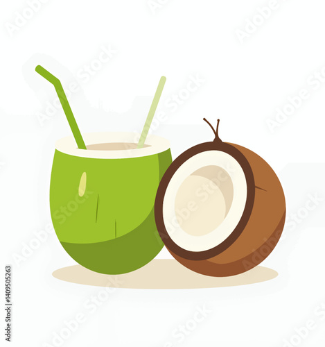 Green coconut drink with straws and halved brown coconut