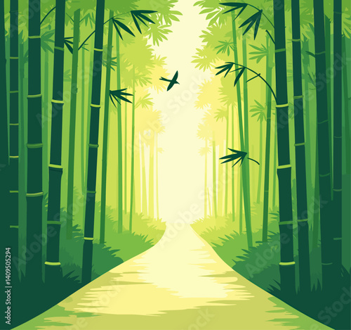 Green Bamboo Forest Path with Bird Silhouette