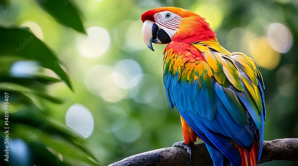 Vibrant Parrot Perched On Branch Showcasing Colorful Feathers Against Soft Bokeh Background