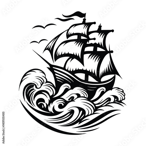 High Seas Black Silhouette Sailing Ship, Stormy Waves, Birds in Flight, Nautical Theme