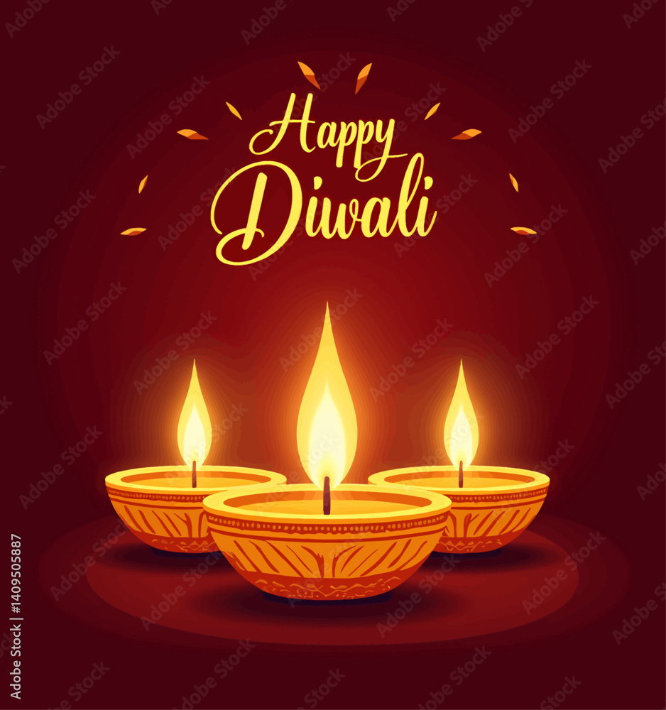 Happy Diwali with glowing oil lamps on red background Happy Diwali with glowing oil lamps on red background