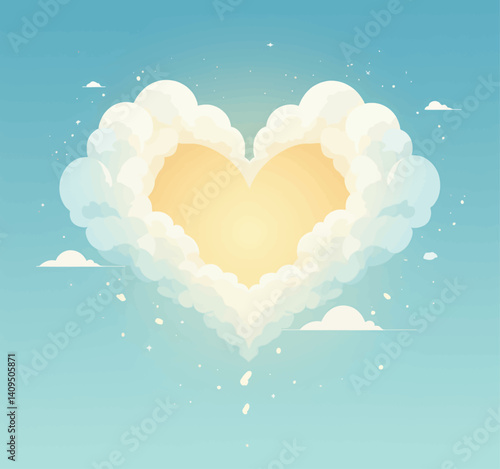 Heart-shaped cloud with a glowing center in a blue sky
