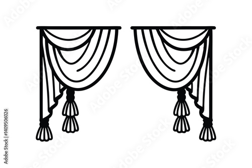 Elegant Black And White Outline Illustration Of Classic Curtains With Tassels For Interior Design Projects