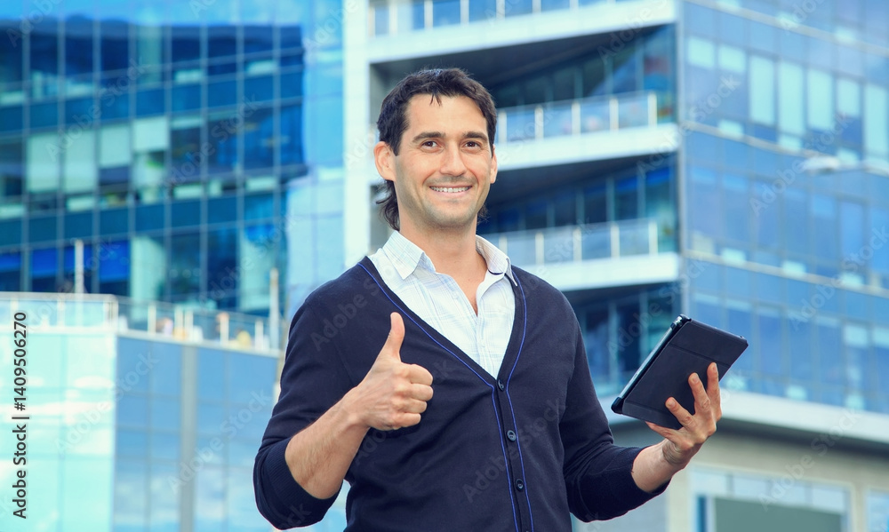 Fototapeta premium Handsome man holding pad and smiling while standing against business office building background. Thumbs up. 35 year old man.