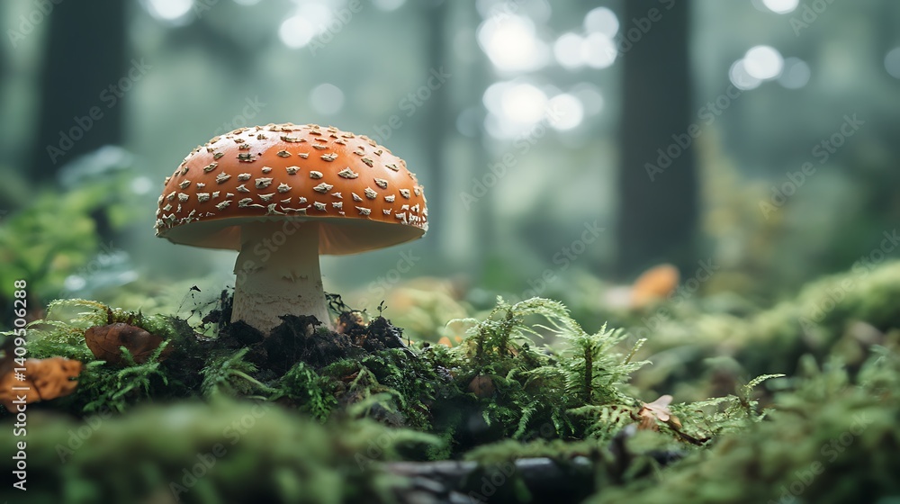 Vibrant Red And White Spotted Mushroom In Lush Green Mossy Forest Environment