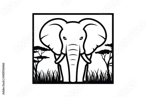 Silhouette Of An African Elephant Standing Tall In The Grasslands With Trees Bordering The Scene Vector