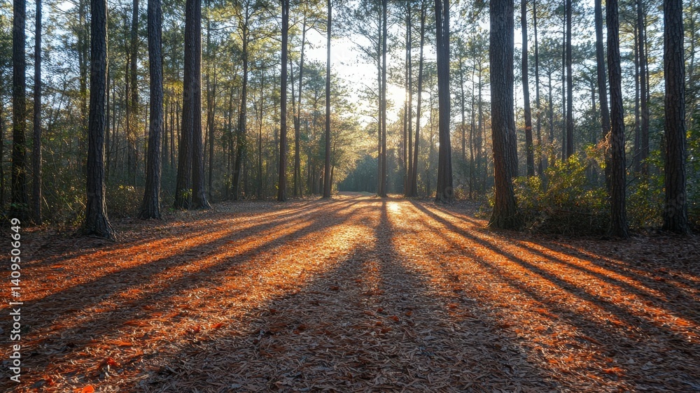 Obraz premium Sunlight streams through trees casting long shadows on the forest floor.