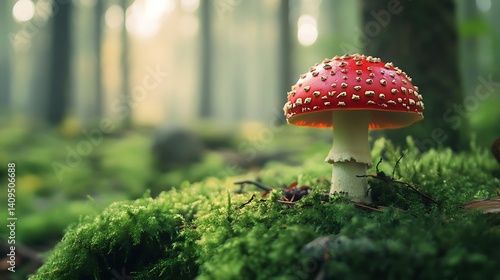 Vibrant Red Mushroom with White Dots and Green Mossy Forest Background