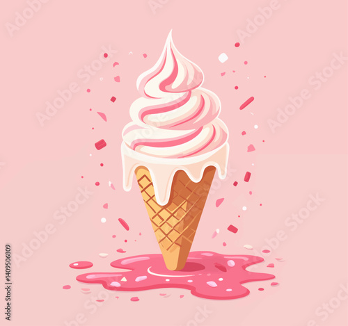 Melting pink swirl ice cream cone with sprinkles