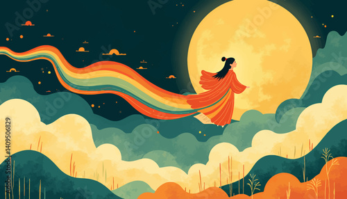 Mid-Autumn Festival: Chang'e Flying to the Moon with Rainbow Scarf