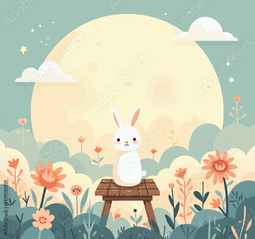 Mid-Autumn Festival: White Bunny on Stool with Full Moon