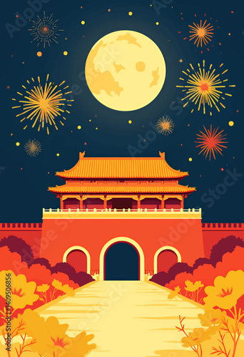 Mid-Autumn Festival at Chinese Gate with Fireworks and Moon