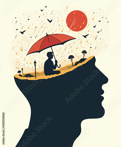 Mindscape: Rainy Day Solitude with Red Umbrella