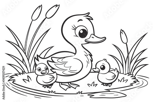 Funny cartoon animals and fish coloring page for kids, a vector illustration with bird silhouette and floral design elements