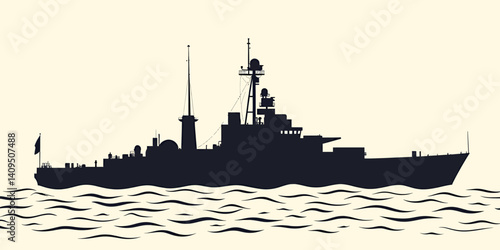 Navy Warship Silhouette on Water Waves