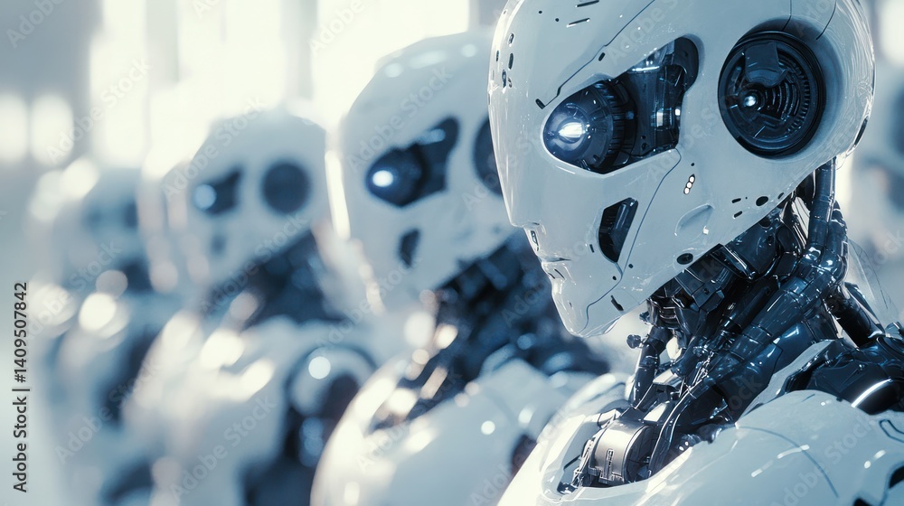 Assembly line of futuristic humanoid robots standing in perfect sync Assembly line of futuristic humanoid robots standing in perfect sync