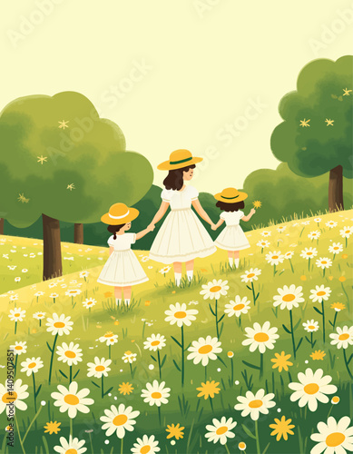 Mother and daughters in daisy field, holding hands, wearing hats