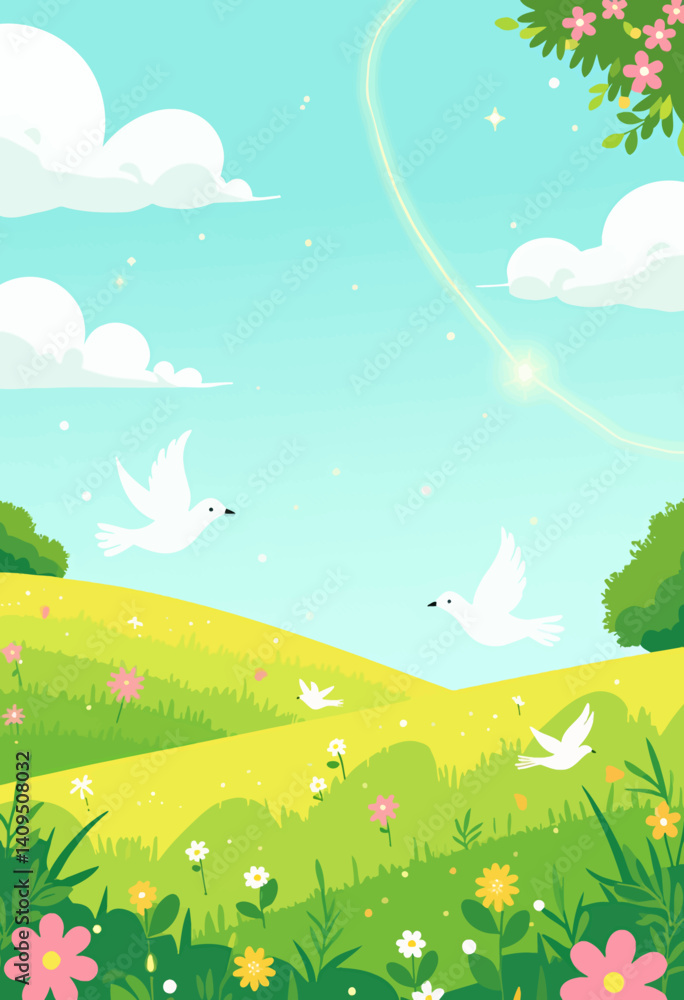 Fototapeta premium Pastoral Scene with Doves, Flowers, and Sunshine