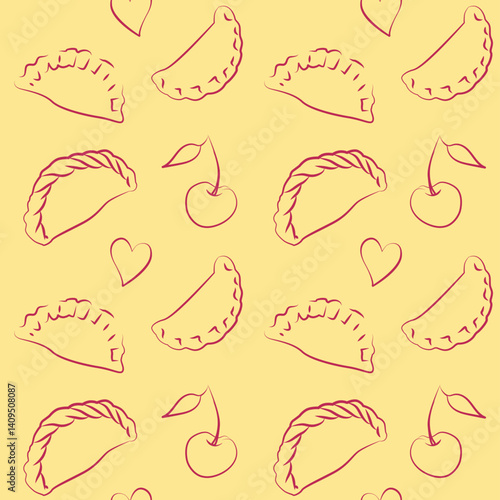 Vector seamless pattern outlines drawing Ukrainian dumplings, known as vareniki or varenyky, cherries, and hearts, using cherry-colored lines on a pale yellow background.
