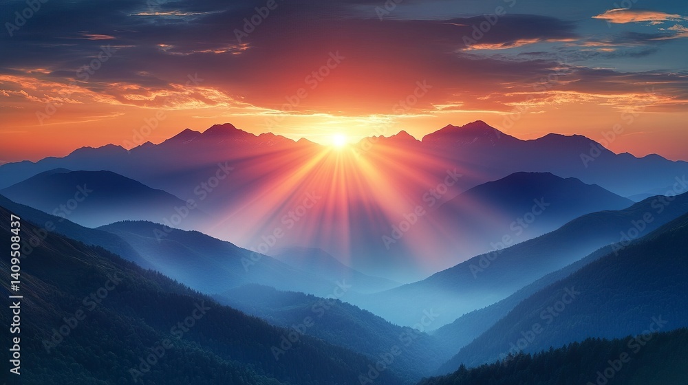 Obraz premium High mountain panorama with orange sun rays illuminating ridges and rugged slopes, expansive horizon, serene and dramatic atmosphere 