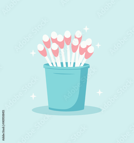 Pink tipped cotton swabs in a light blue container