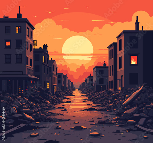 Post-Apocalyptic Cityscape at Sunset with Rubble