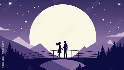 Purple Moonlit Couple on Bridge Silhouette Landscape