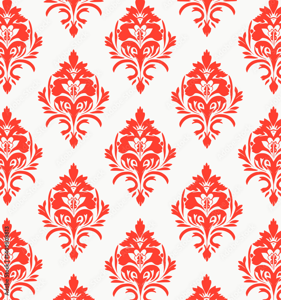 Red floral damask pattern on white background