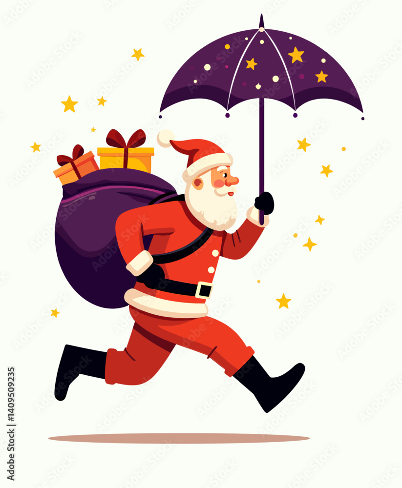 Fototapeta premium Santa Runs with Gifts and Starry Umbrella